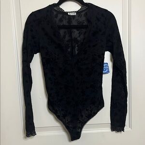 Free People Black Lace Long Sleeve Bodysuit